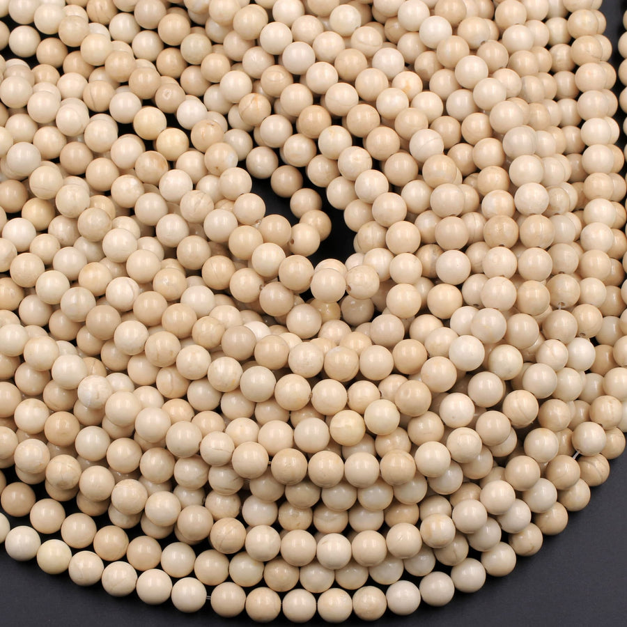Natural Fossil Jasper River Stone 4mm  6mm 8mm  10mm Polished Round Tan Beige Cream Beads 15.5" Strand