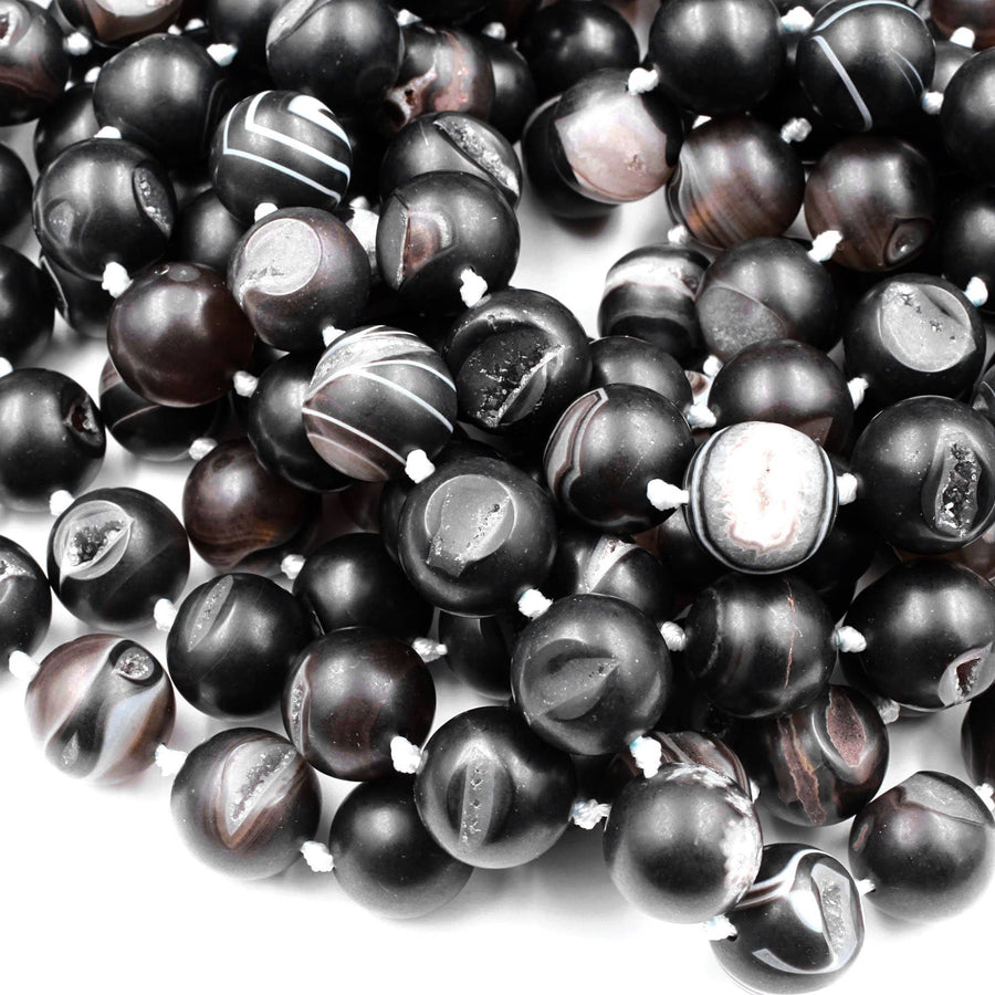 Natural Black Druzy Agate 8mm 10mm 12mm 14mm Round Beads With Sparkling White Quartz Druzy Crystal Cave 15.5" Strand