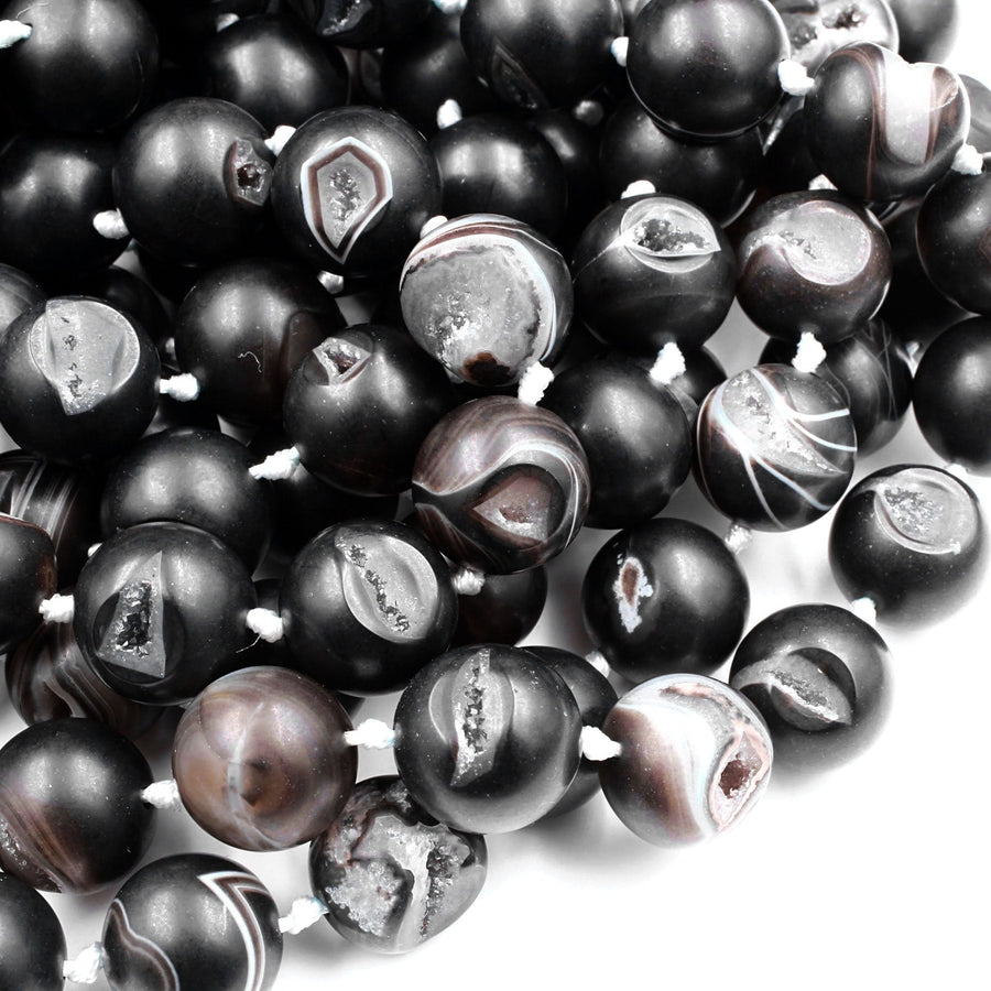 Natural Black Druzy Agate 8mm 10mm 12mm 14mm Round Beads With Sparkling White Quartz Druzy Crystal Cave 15.5" Strand