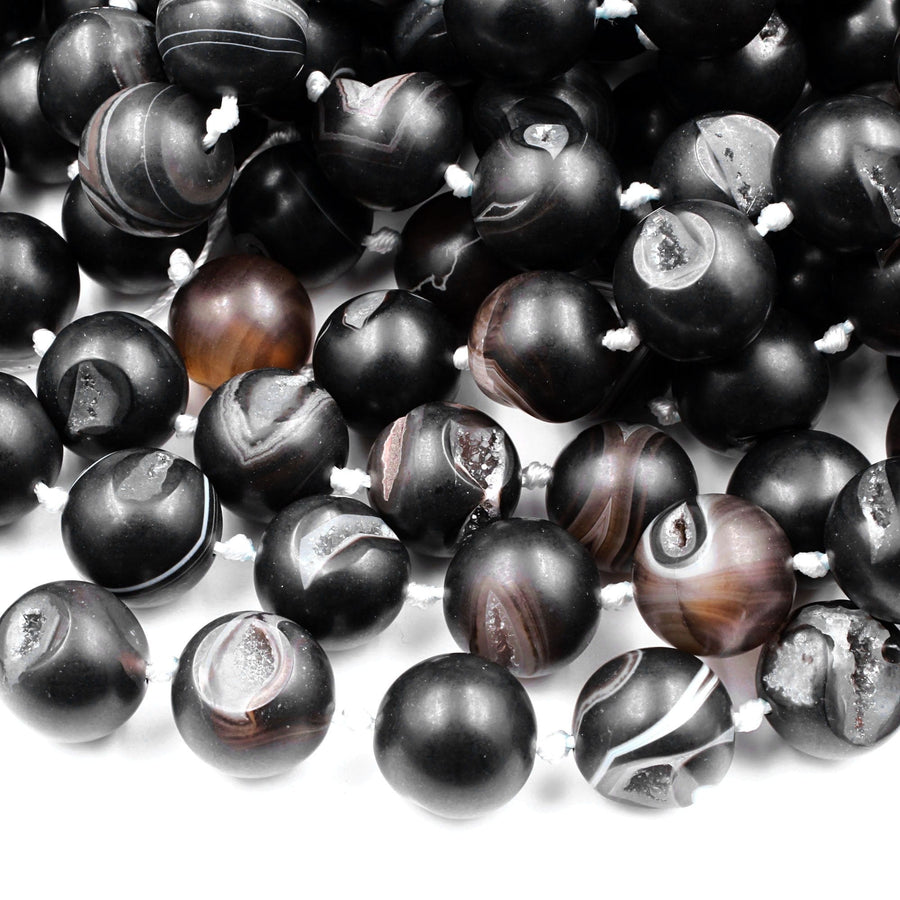 Natural Black Druzy Agate 8mm 10mm 12mm 14mm Round Beads With Sparkling White Quartz Druzy Crystal Cave 15.5" Strand