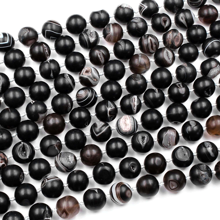 Natural Black Druzy Agate 8mm 10mm 12mm 14mm Round Beads With Sparkling White Quartz Druzy Crystal Cave 15.5" Strand