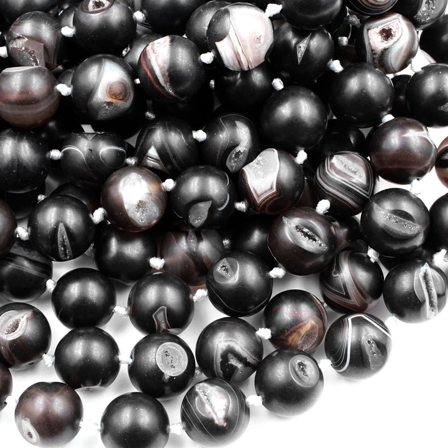 Natural Black Druzy Agate 8mm 10mm 12mm 14mm Round Beads With Sparkling White Quartz Druzy Crystal Cave 15.5" Strand