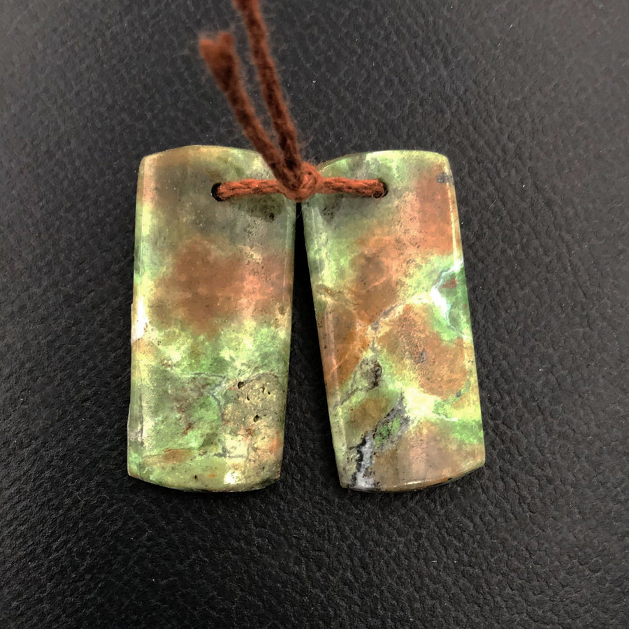 Natural African Green Chrysoprase Earring Pair Flat Short Rectangle Cabochon Cab Pair Drilled Matched Gemstone Bead Pair