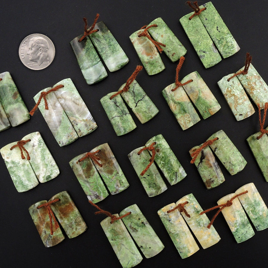 Natural African Green Chrysoprase Earring Pair Flat Short Rectangle Cabochon Cab Pair Drilled Matched Gemstone Bead Pair