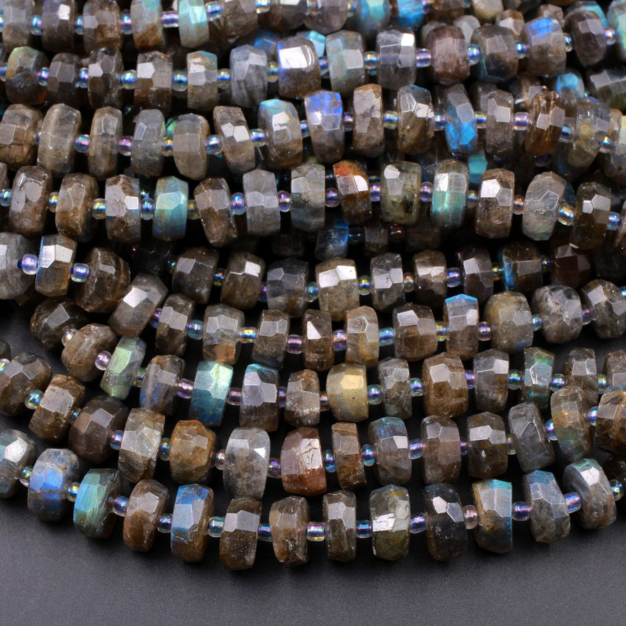 AAA Quality Large Flashy Natural Dark Labradorite Faceted Rondelle Beads Tons of Rainbow Fire 15.5" Strand Strand
