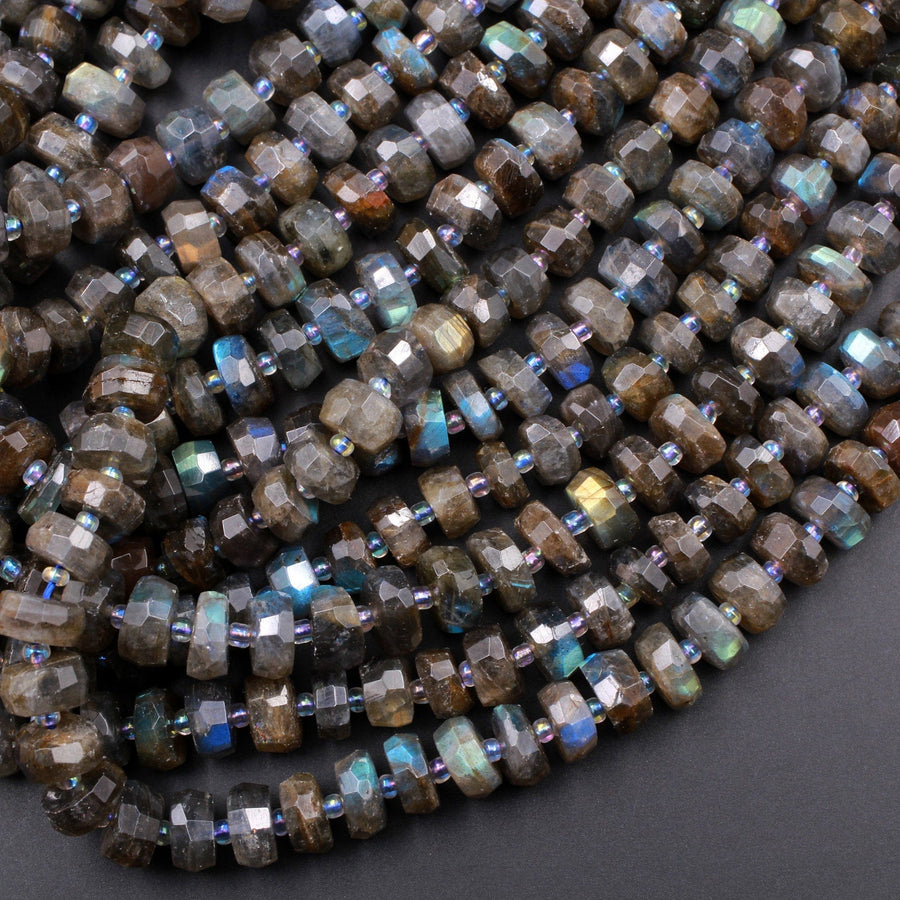 AAA Quality Large Flashy Natural Dark Labradorite Faceted Rondelle Beads Tons of Rainbow Fire 15.5" Strand Strand
