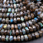 AAA Quality Large Flashy Natural Dark Labradorite Faceted Rondelle Beads Tons of Rainbow Fire 15.5" Strand Strand