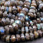 AAA Quality Large Flashy Natural Dark Labradorite Faceted Rondelle Beads Tons of Rainbow Fire 15.5" Strand Strand