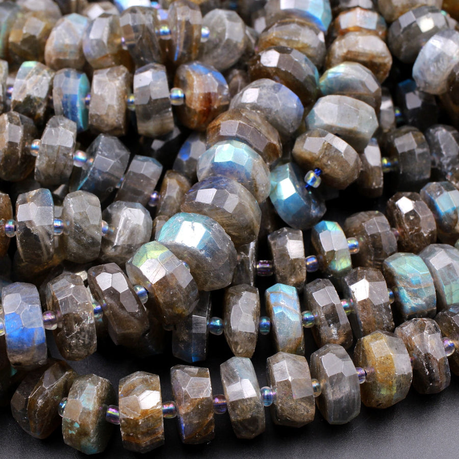 AAA Quality Large Flashy Natural Dark Labradorite Faceted Rondelle Beads Tons of Rainbow Fire 15.5" Strand Strand