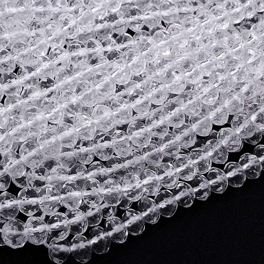 Faceted Natural Rock Quartz Rondelle Beads 4mm 6mm 8mm Real Genuine Super Clear Crystal Quartz AAA 15.5" Strand