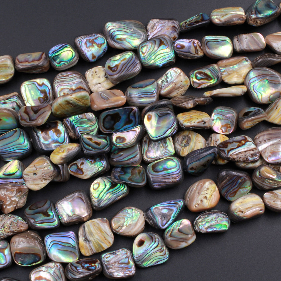 Natural Abalone Shell Freeform Nugget Irregular Shaped Beads Iridescent Rainbow Glow Blue Green Red Pink Flash 15.5" Strand