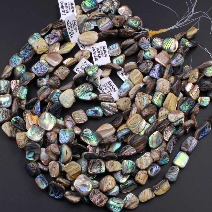 Natural Abalone Shell Freeform Nugget Irregular Shaped Beads Iridescent Rainbow Glow Blue Green Red Pink Flash 15.5" Strand