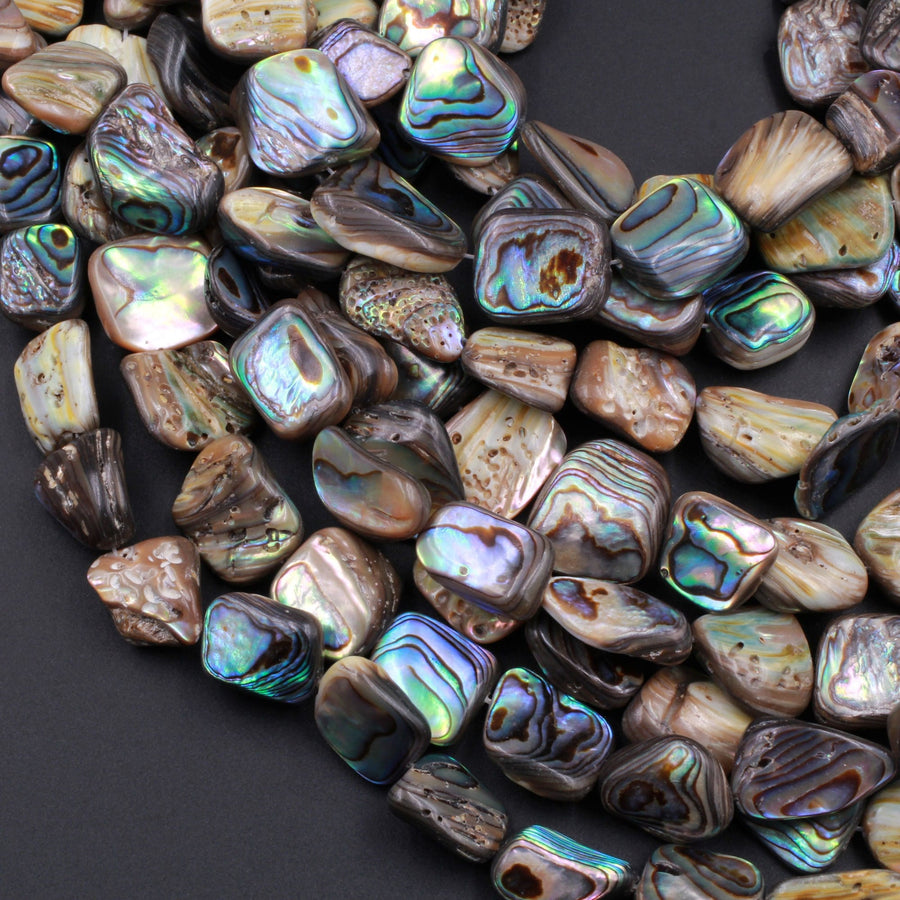Natural Abalone Shell Freeform Nugget Irregular Shaped Beads Iridescent Rainbow Glow Blue Green Red Pink Flash 15.5" Strand