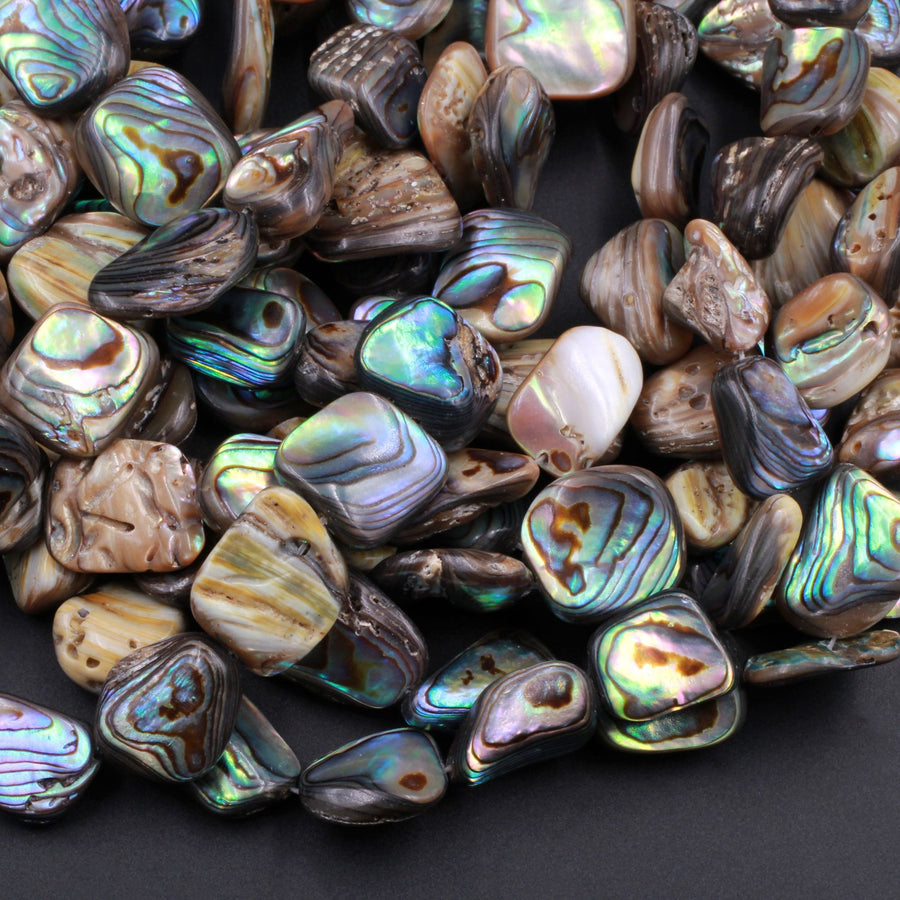 Natural Abalone Shell Freeform Nugget Irregular Shaped Beads Iridescent Rainbow Glow Blue Green Red Pink Flash 15.5" Strand