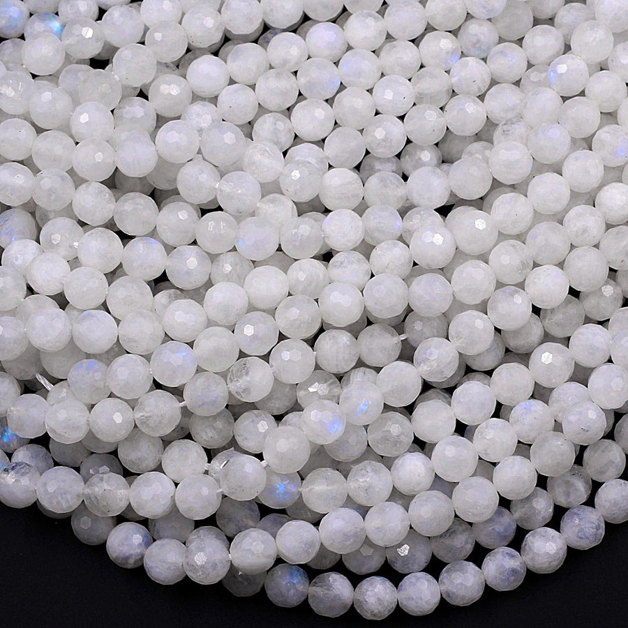 AA Micro Faceted Rainbow Moonstone 3mm 4mm 6mm 8mm Round Beads With Blue Flashes 15.5" Strand