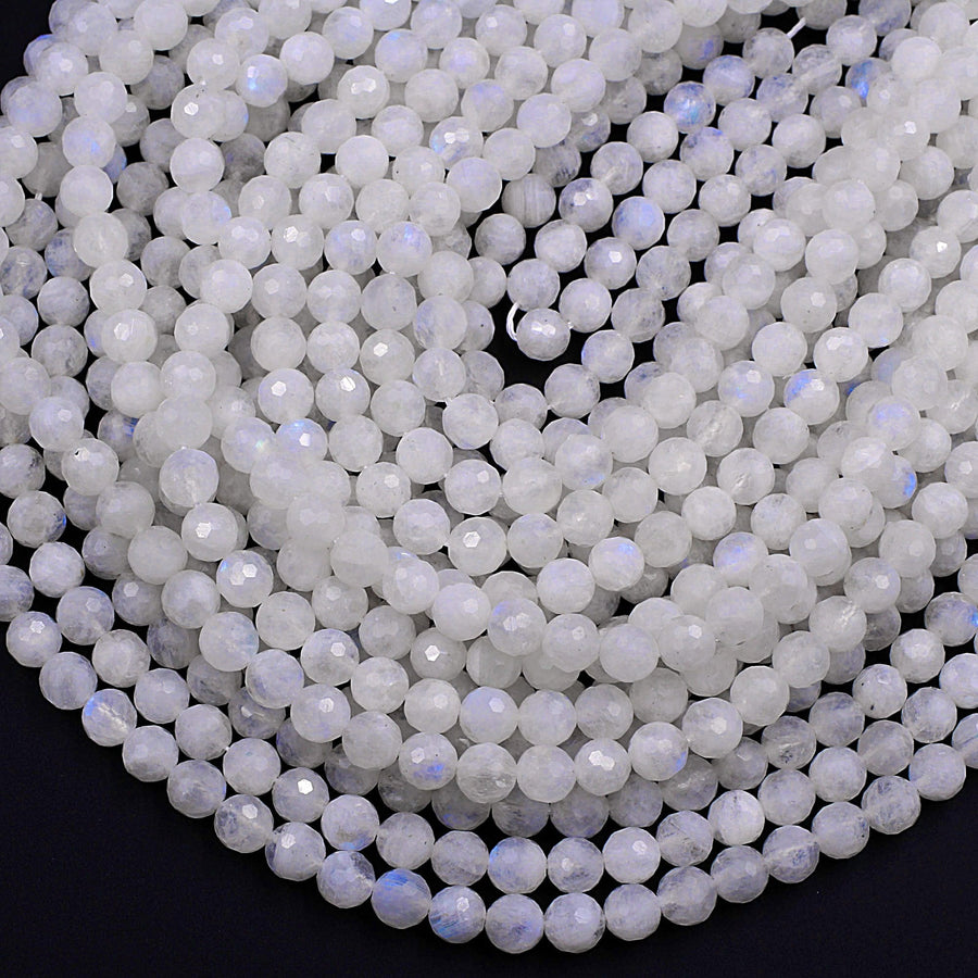 AA Micro Faceted Rainbow Moonstone 3mm 4mm 6mm 8mm Round Beads With Blue Flashes 15.5" Strand