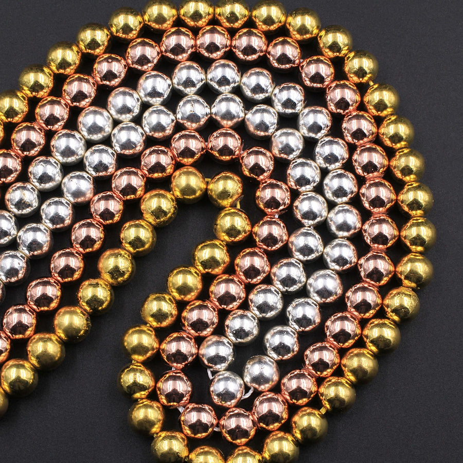 Titanium Hematite Round Beads Electroplated Bright Silver Rose Gold 2mm 3mm 4mm 6mm 8mm 15.5" Strand