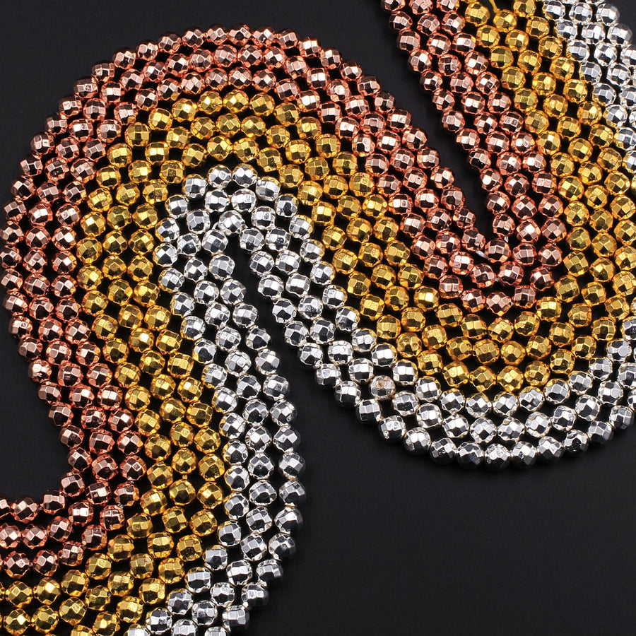 Faceted Titanium Hematite Round Beads Electroplated Bright Silver Rose Gold 2mm 3mm 4mm 6mm 8mm 15.5" Strand