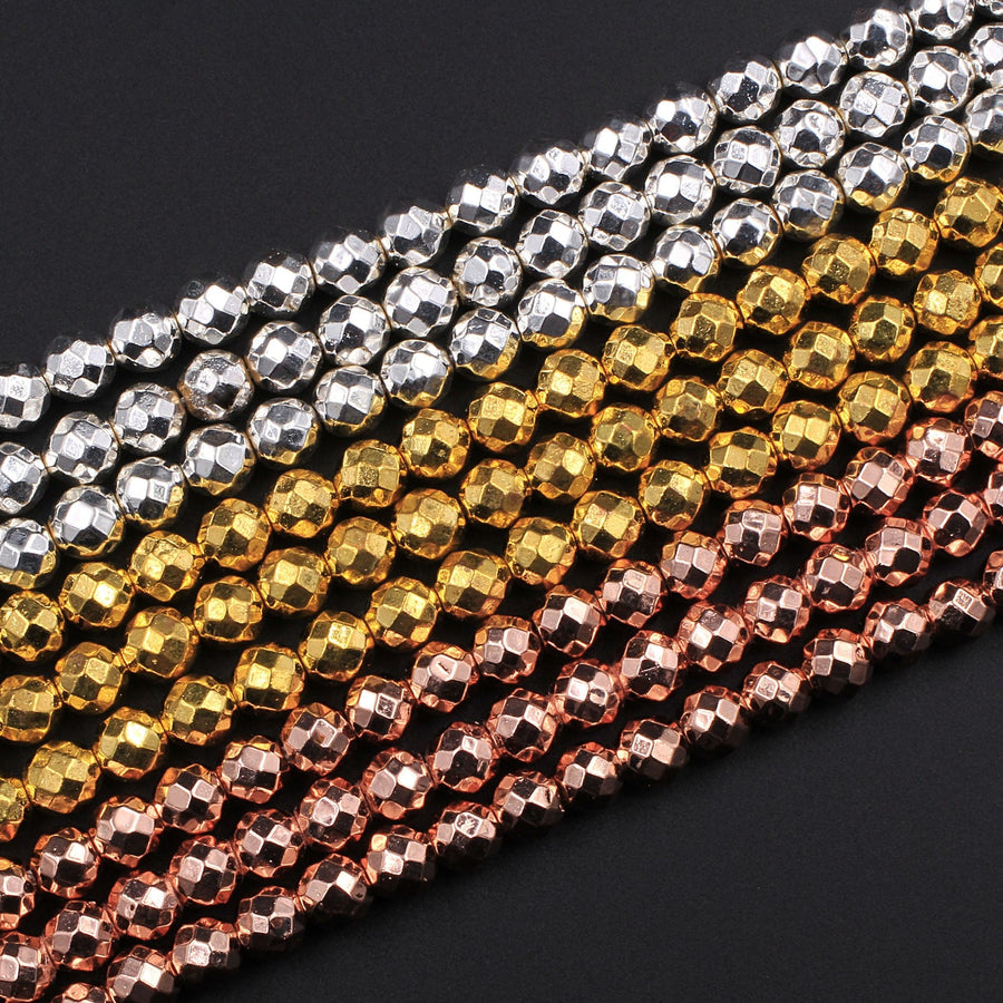 Faceted Titanium Hematite Round Beads Electroplated Bright Silver Rose Gold 2mm 3mm 4mm 6mm 8mm 15.5" Strand
