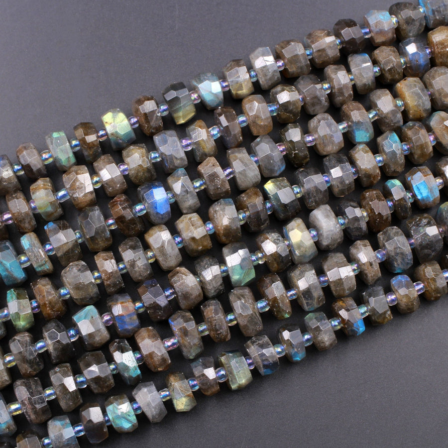 AAA Quality Large Flashy Natural Dark Labradorite Faceted Rondelle Beads Tons of Rainbow Fire 15.5" Strand Strand
