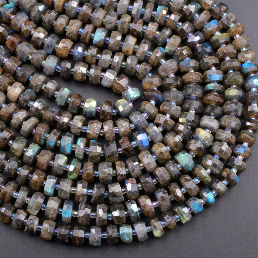 AAA Quality Large Flashy Natural Dark Labradorite Faceted Rondelle Beads Tons of Rainbow Fire 15.5" Strand Strand