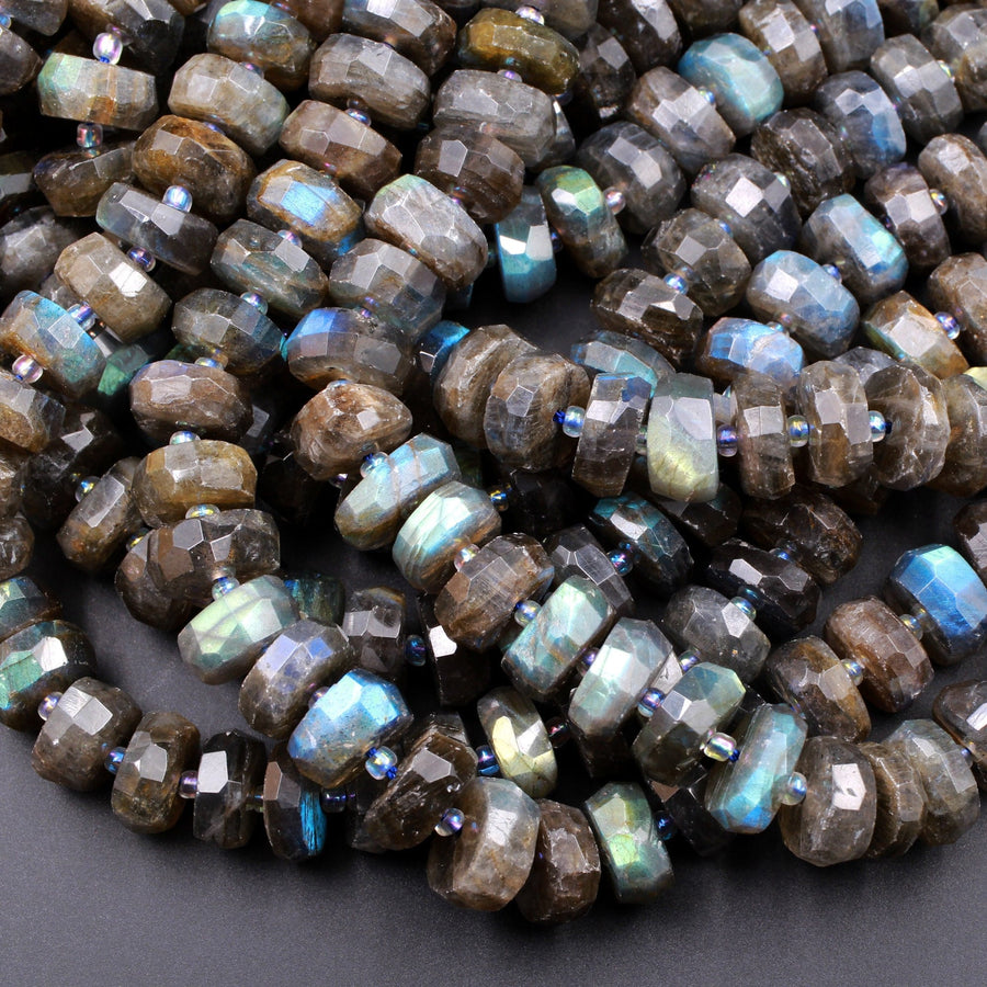 AAA Quality Large Flashy Natural Dark Labradorite Faceted Rondelle Beads Tons of Rainbow Fire 15.5" Strand Strand