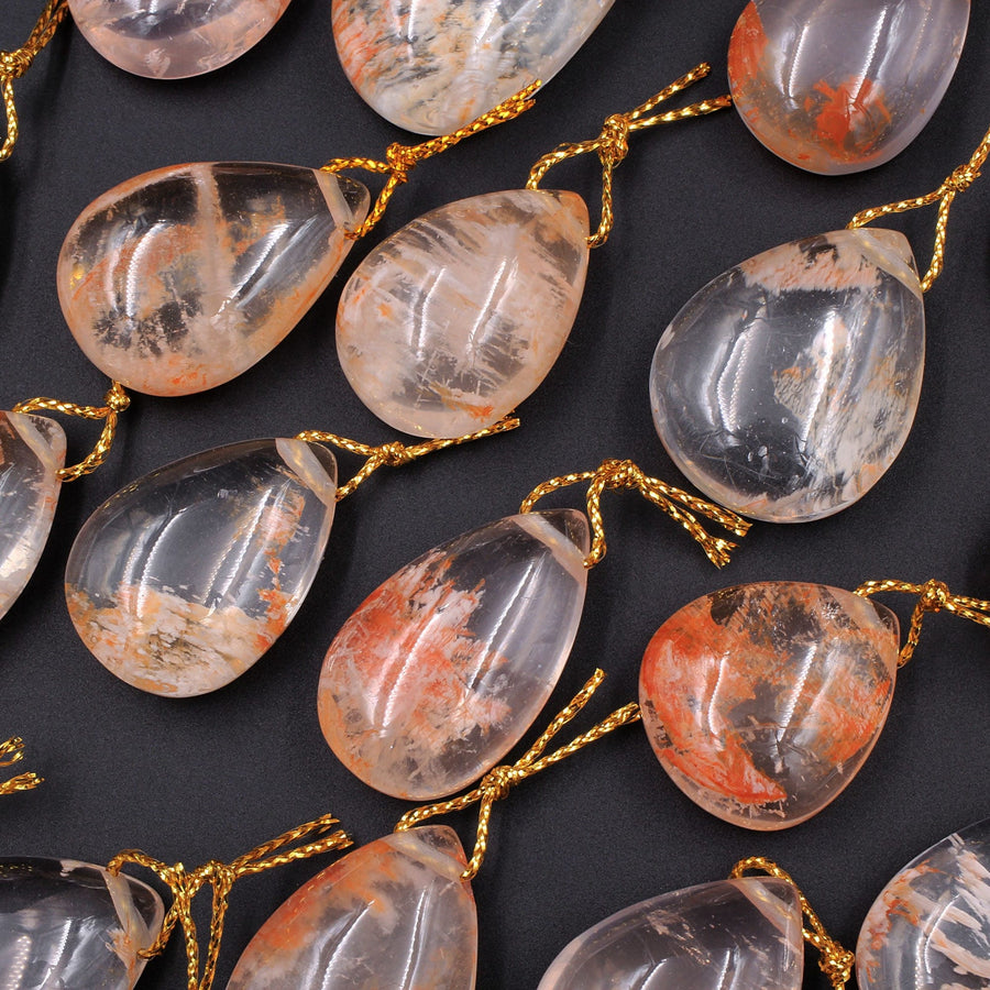 Rare Natural Red Phantom Quartz Puffy Teardrop Pendant Side Drilled Gemstone Focal Bead