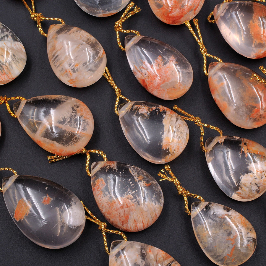 Rare Natural Red Phantom Quartz Puffy Teardrop Pendant Side Drilled Gemstone Focal Bead