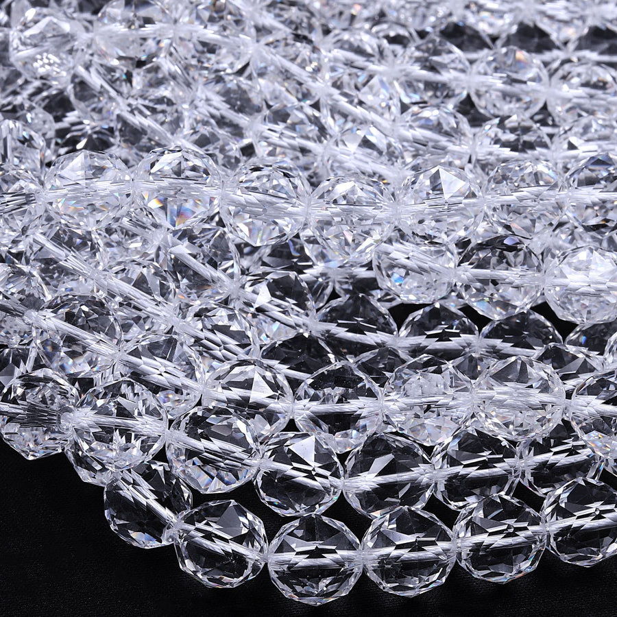 AAA Genuine 100% Natural Rock Quartz Faceted 6mm 8mm 10mm 12mm 14mm 16mm Round Beads Gem Quality Geometric Diamond Star Cut 15.5" Strand