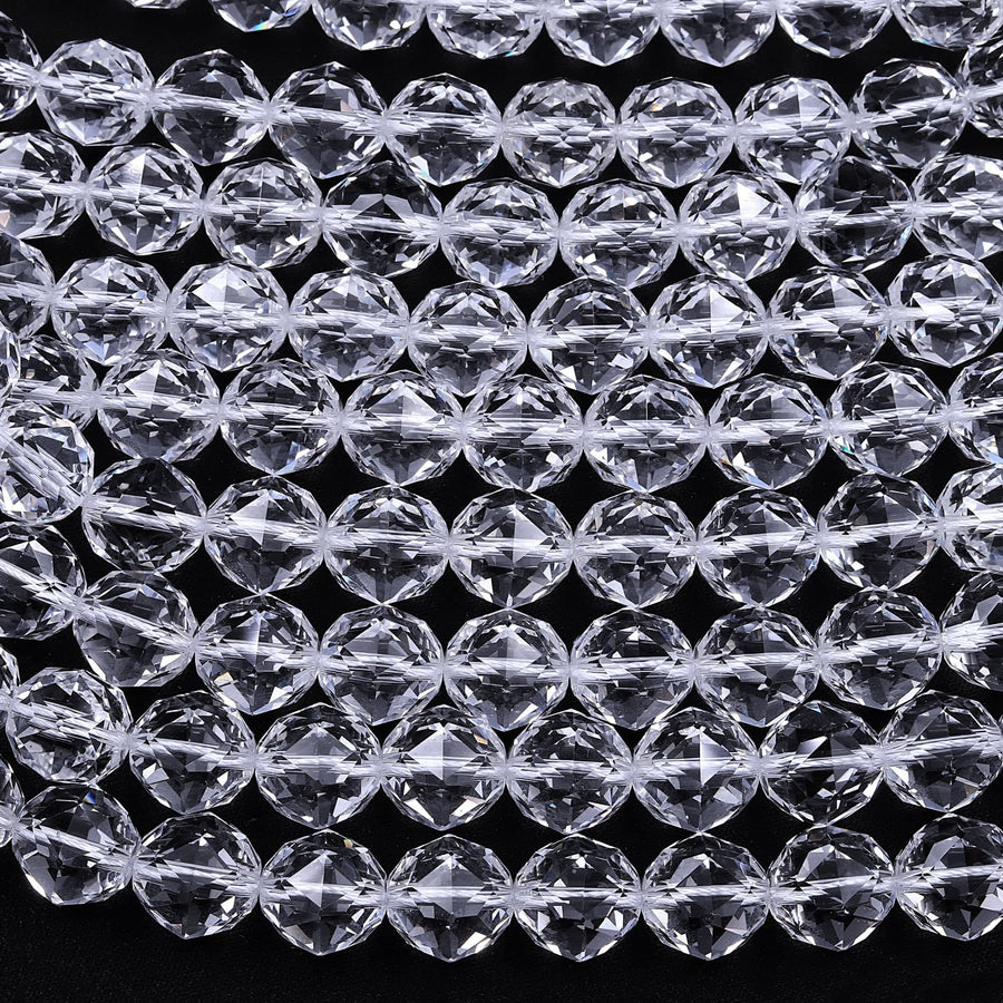 AAA Genuine 100% Natural Rock Quartz Faceted 6mm 8mm 10mm 12mm 14mm 16mm Round Beads Gem Quality Geometric Diamond Star Cut 15.5" Strand