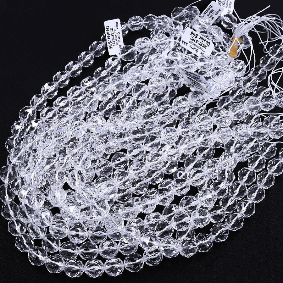 AAA Genuine 100% Natural Rock Quartz Faceted 6mm 8mm 10mm 12mm 14mm 16mm Round Beads Gem Quality Geometric Diamond Star Cut 15.5" Strand