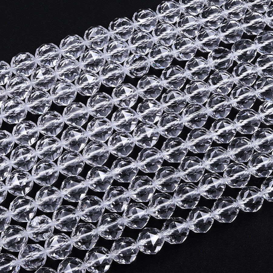 AAA Genuine 100% Natural Rock Quartz Faceted 6mm 8mm 10mm 12mm 14mm 16mm Round Beads Gem Quality Geometric Diamond Star Cut 15.5" Strand