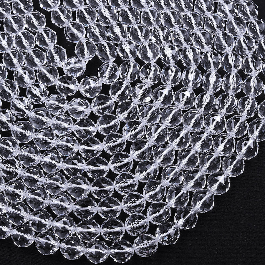 AAA Genuine 100% Natural Rock Quartz Faceted 6mm 8mm 10mm 12mm 14mm 16mm Round Beads Gem Quality Geometric Diamond Star Cut 15.5" Strand