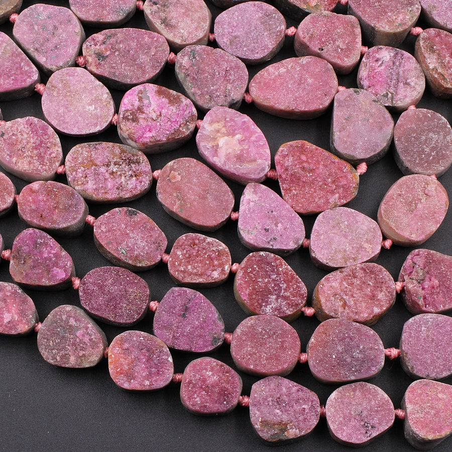 Natural Pink Cobalto Calcite Druzy Beads Hand Cut Freeform Oval Teardrop 15.5" Strand