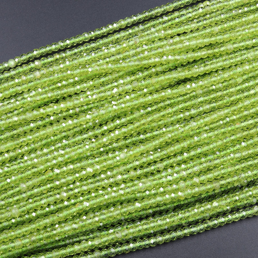 Stunning Natural Green Peridot 2mm 3mm 4mm Faceted Rondelle Beads Micro Laser Diamond Cut Real Genuine Peridot Gemstone 15.5" Strand
