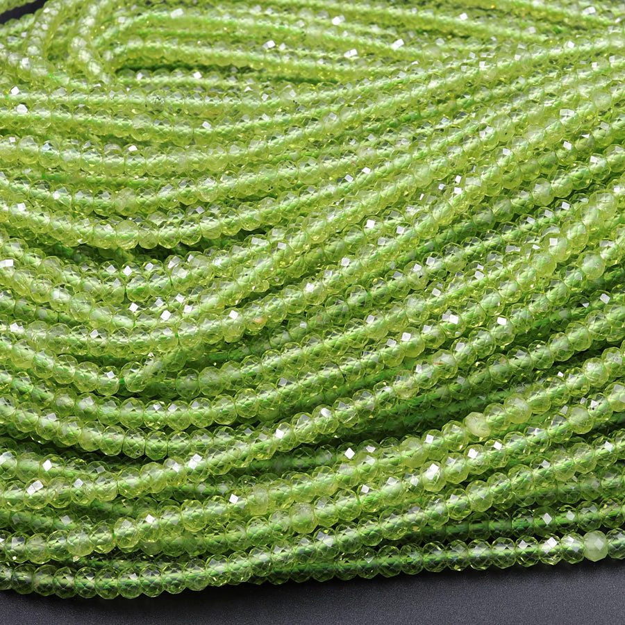 Stunning Natural Green Peridot 2mm 3mm 4mm Faceted Rondelle Beads Micro Laser Diamond Cut Real Genuine Peridot Gemstone 15.5" Strand