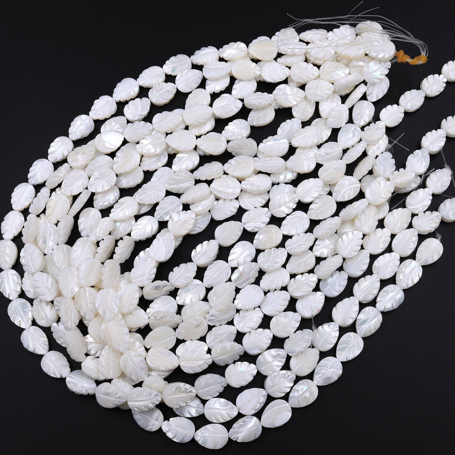 AAA Iridescent Hand Carved Natural White Mother of Pearl Shell Beads Teardrop Leaf Shape 15.5" Strand