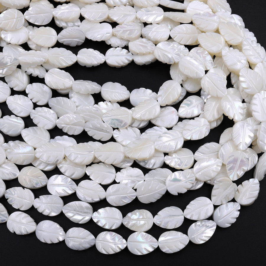 AAA Iridescent Hand Carved Natural White Mother of Pearl Shell Beads Teardrop Leaf Shape 15.5" Strand