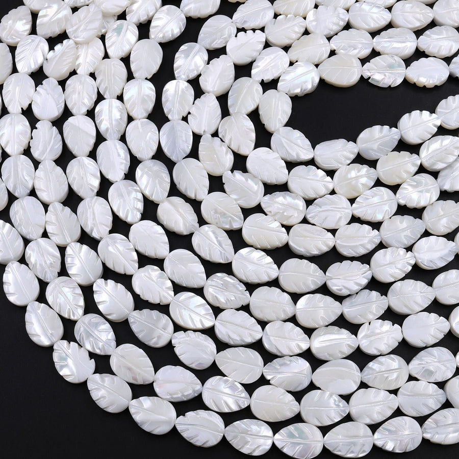 AAA Iridescent Hand Carved Natural White Mother of Pearl Shell Beads Teardrop Leaf Shape 15.5" Strand