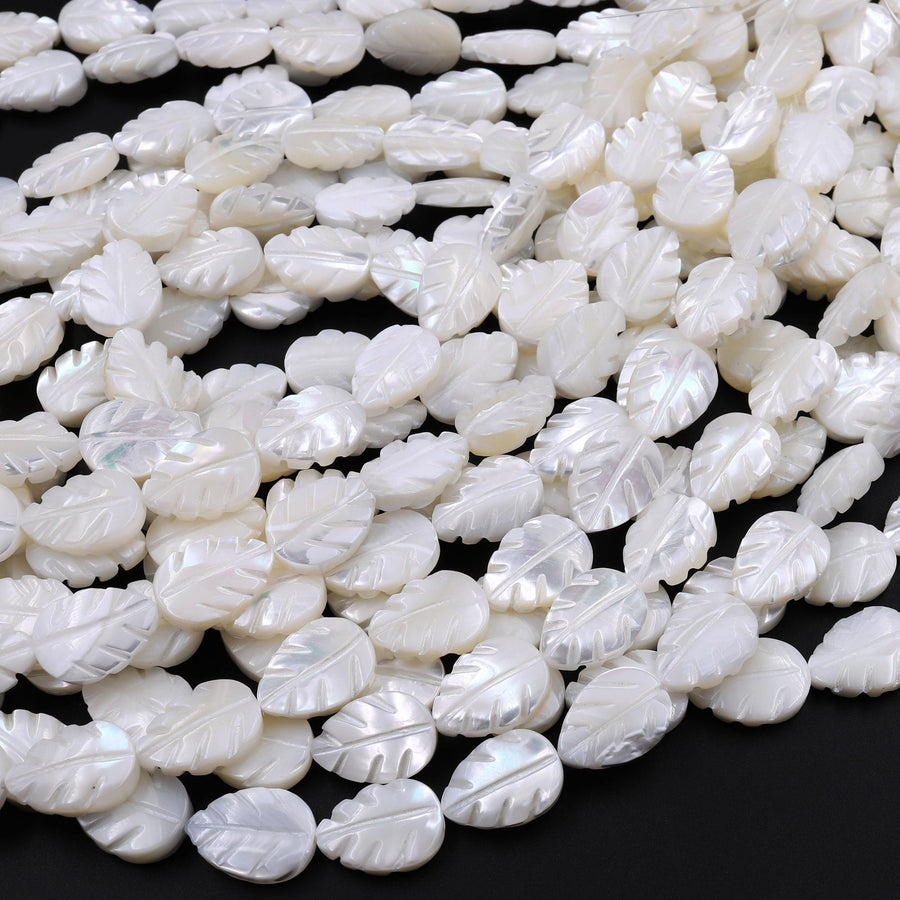 AAA Iridescent Hand Carved Natural White Mother of Pearl Shell Beads Teardrop Leaf Shape 15.5" Strand