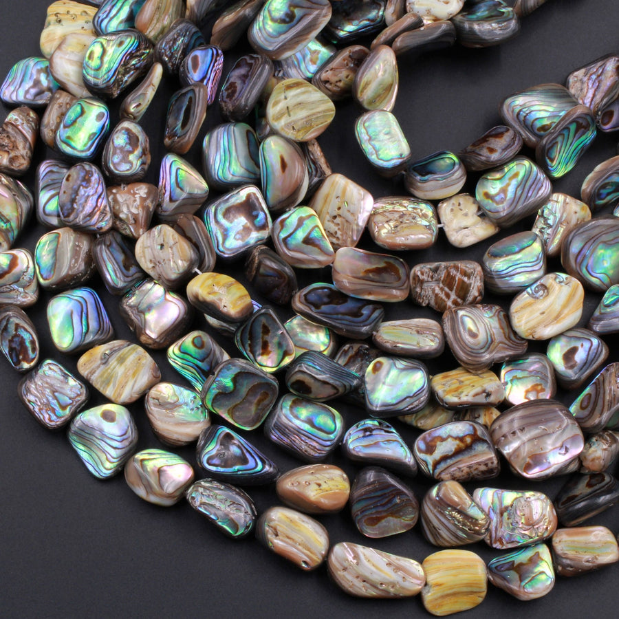 Natural Abalone Shell Freeform Nugget Irregular Shaped Beads Iridescent Rainbow Glow Blue Green Red Pink Flash 15.5" Strand