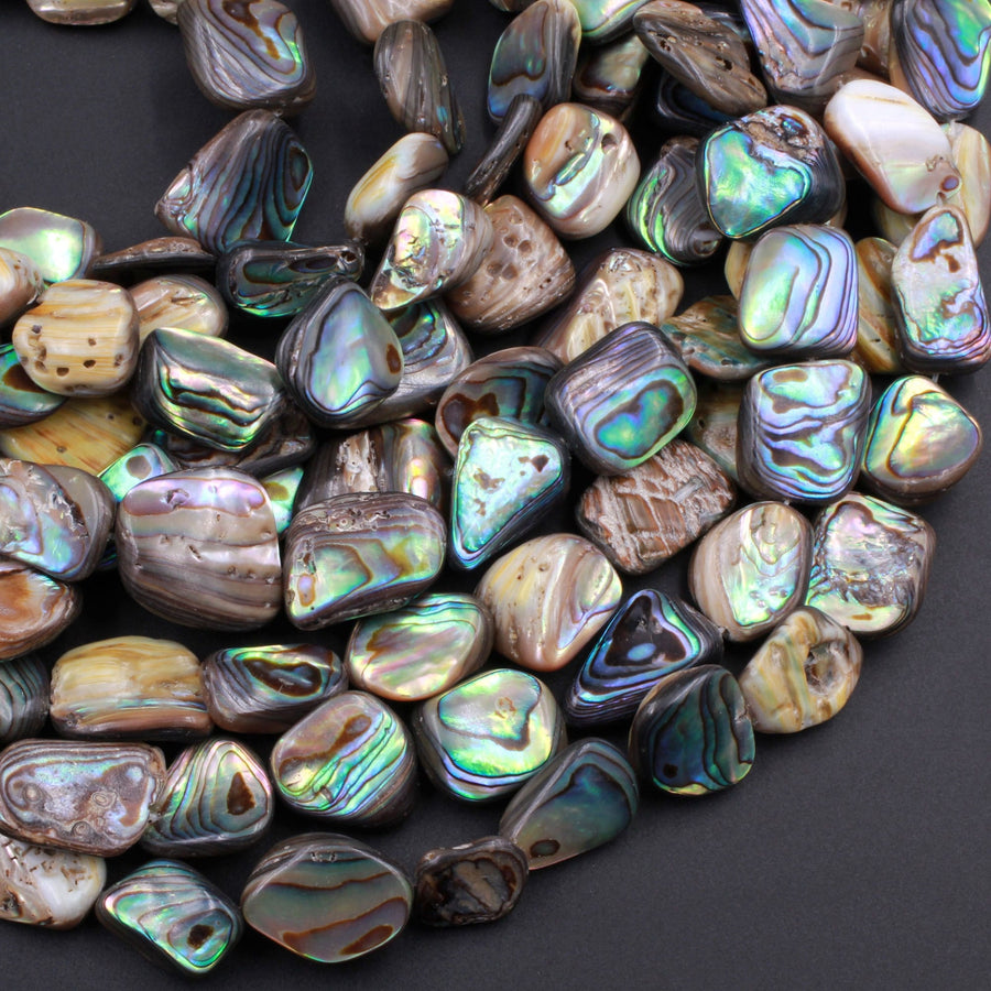Natural Abalone Shell Freeform Nugget Irregular Shaped Beads Iridescent Rainbow Glow Blue Green Red Pink Flash 15.5" Strand
