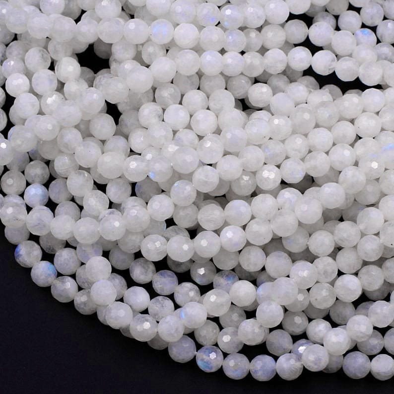 AA Micro Faceted Rainbow Moonstone 3mm 4mm 6mm 8mm Round Beads With Blue Flashes 15.5" Strand