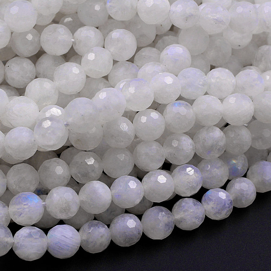 AA Micro Faceted Rainbow Moonstone 3mm 4mm 6mm 8mm Round Beads With Blue Flashes 15.5" Strand