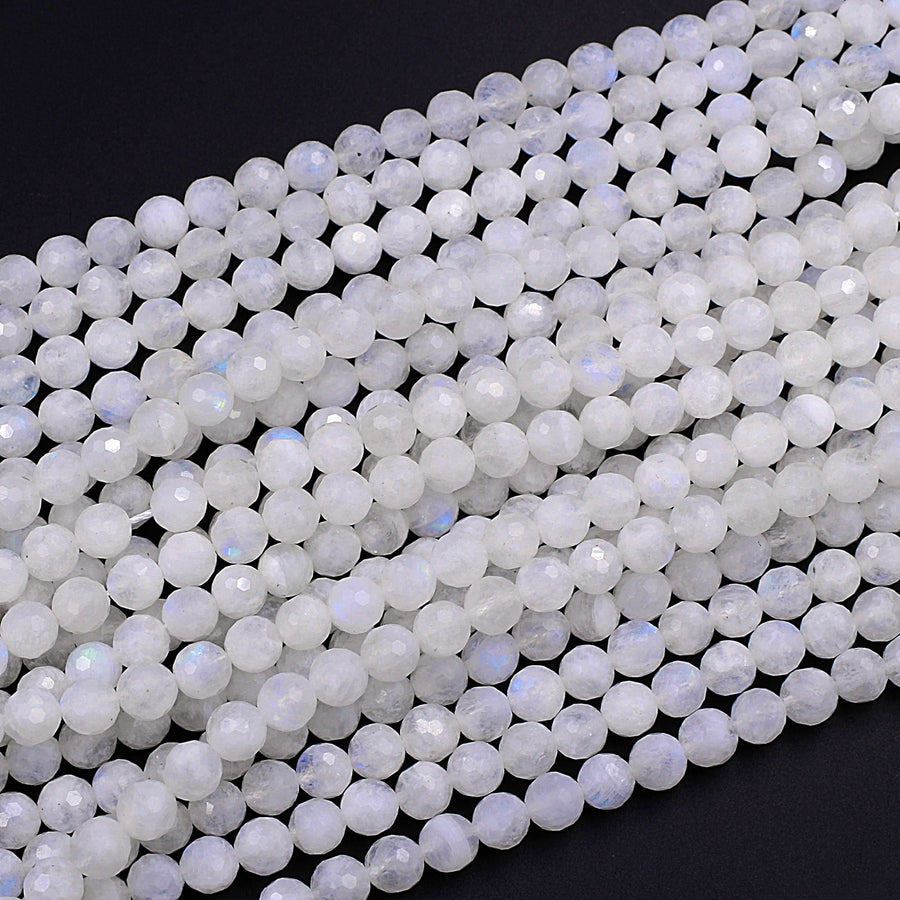 AA Micro Faceted Rainbow Moonstone 3mm 4mm 6mm 8mm Round Beads With Blue Flashes 15.5" Strand