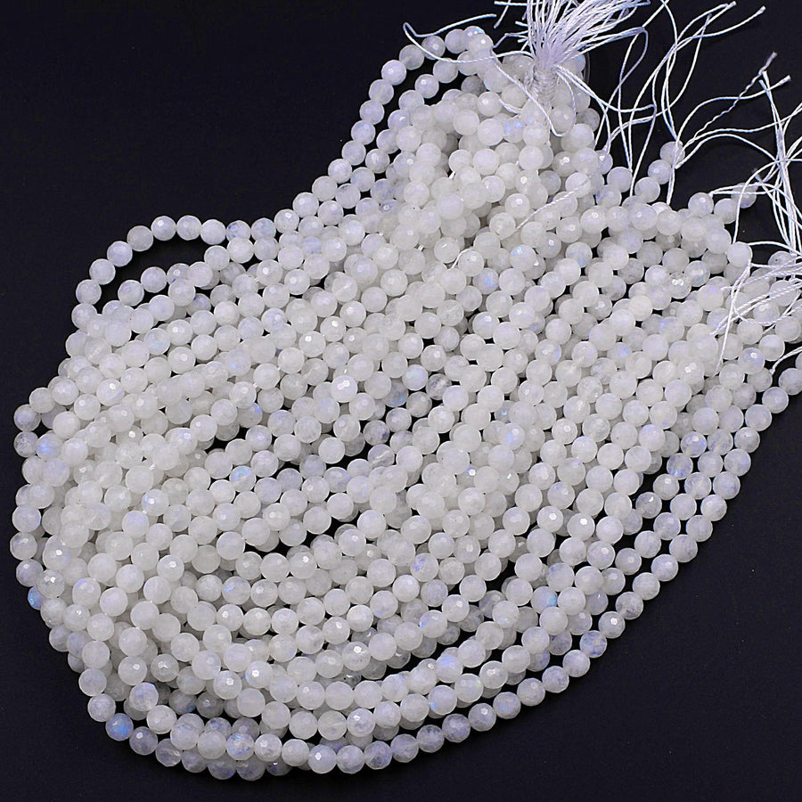 AA Micro Faceted Rainbow Moonstone 3mm 4mm 6mm 8mm Round Beads With Blue Flashes 15.5" Strand