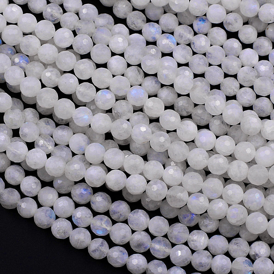 AA Micro Faceted Rainbow Moonstone 3mm 4mm 6mm 8mm Round Beads With Blue Flashes 15.5" Strand