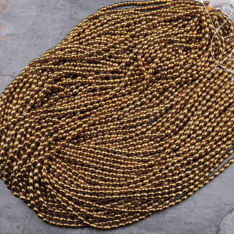 Shiny Titanium Hematite Rice Beads Drum Barrel Champagne Bronze Silver Gold Black 5x3mm 15.5" Strand