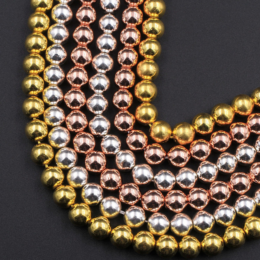Titanium Hematite Round Beads Electroplated Bright Silver Rose Gold 2mm 3mm 4mm 6mm 8mm 15.5" Strand