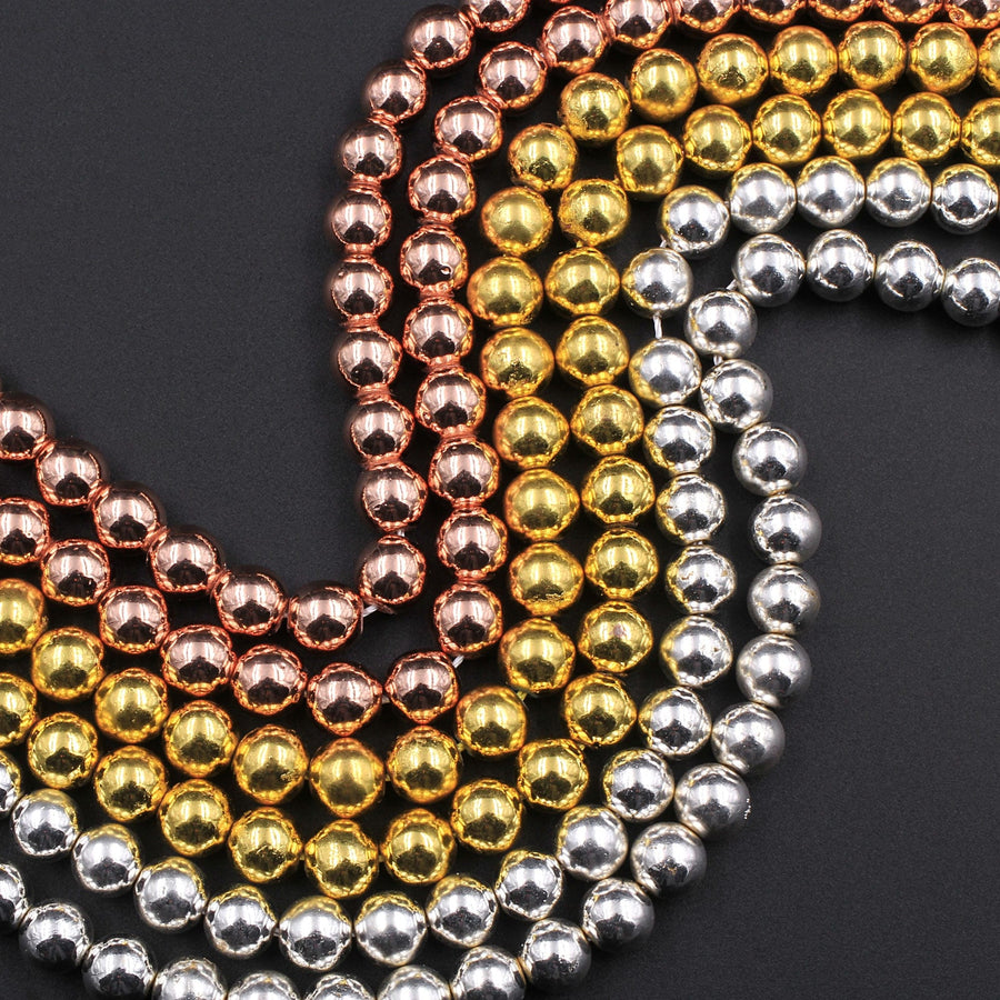 Titanium Hematite Round Beads Electroplated Bright Silver Rose Gold 2mm 3mm 4mm 6mm 8mm 15.5" Strand